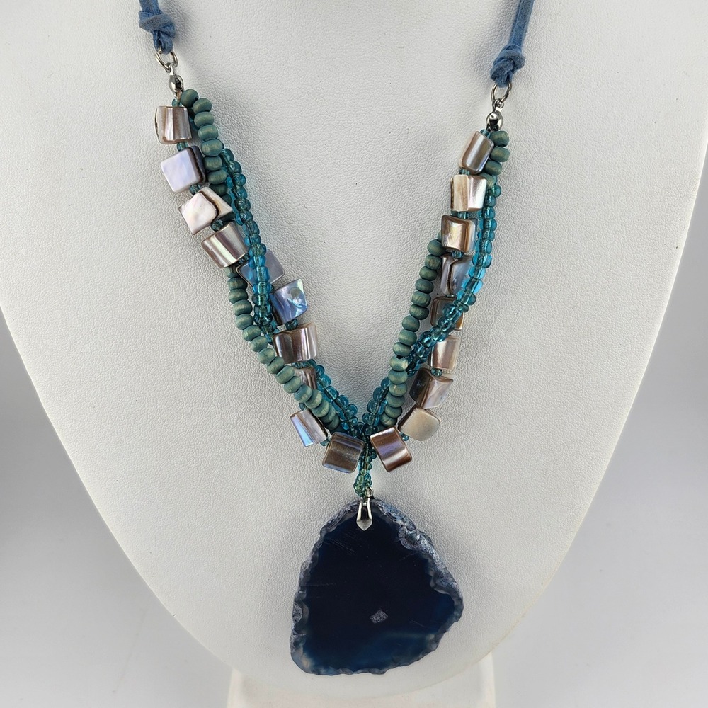 Blue Geode‎ Slice Pendant Necklace Beaded Boho Suede Cord Adjustable
